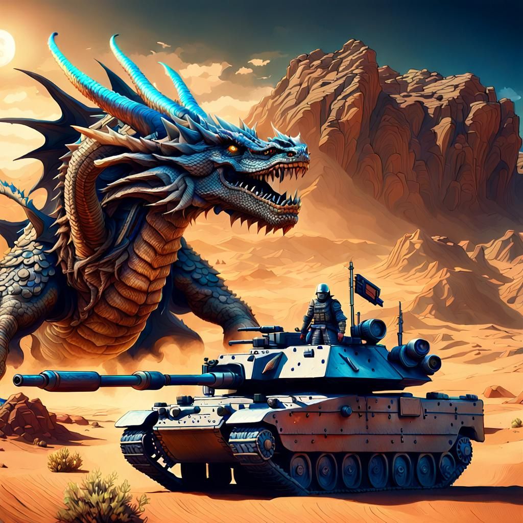 Dragon Warrior on Tank in Desert Wasteland