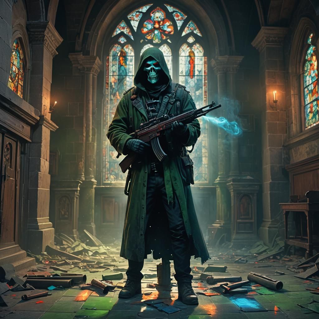 Ghostface with Shotgun in Eerie Church, Dark Fantasy