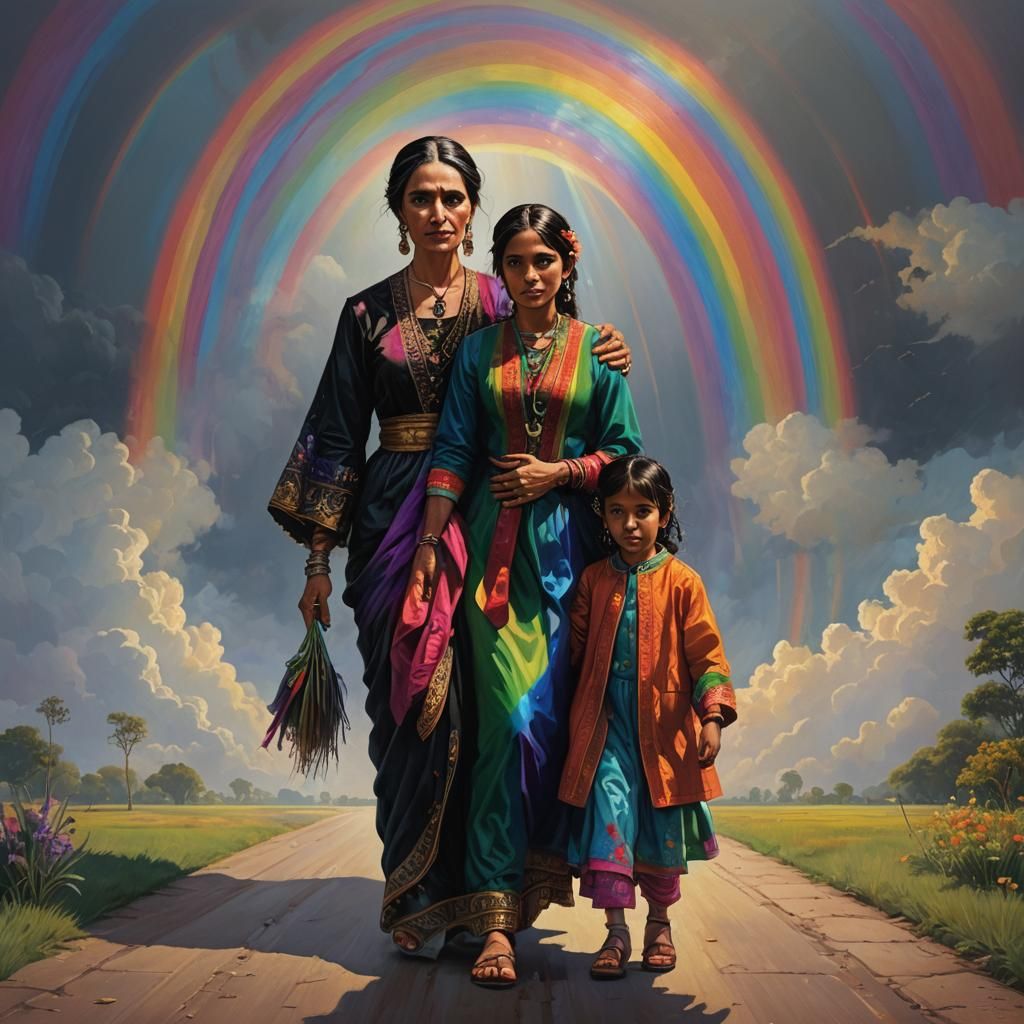 Gothic Mother and Child Under Rainbow, in Alcohol Inks