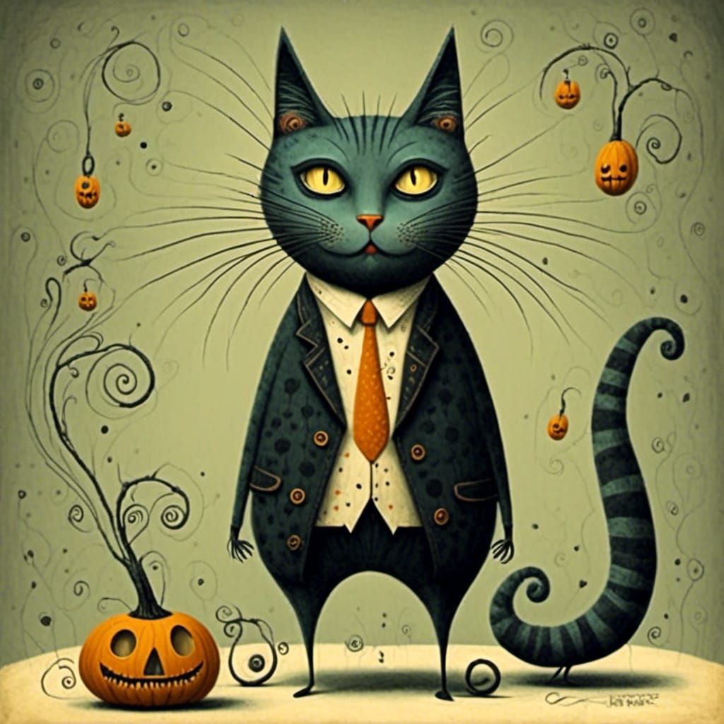 Whimsical Halloween Cat Illustration in Cartoon Style