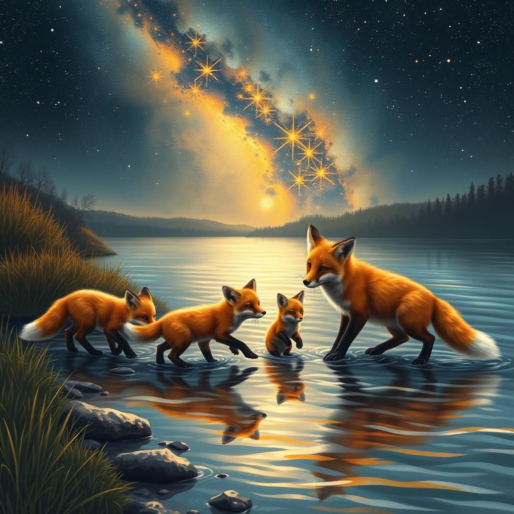 Fox Kits Frolicking Under Starry Night Sky
