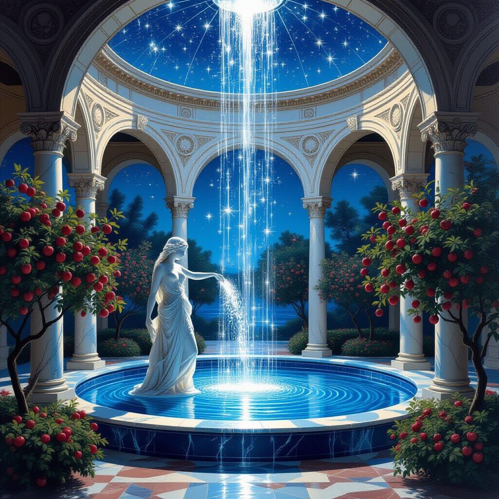 Starlit Atrium: Celestial Maiden in Oil Painting Style