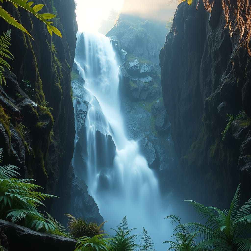 Ethereal Morning Waterfall in a Dark Gorge