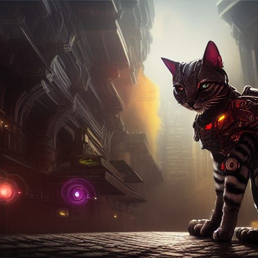 Armored Robotic Cat in Smoky Cityscape