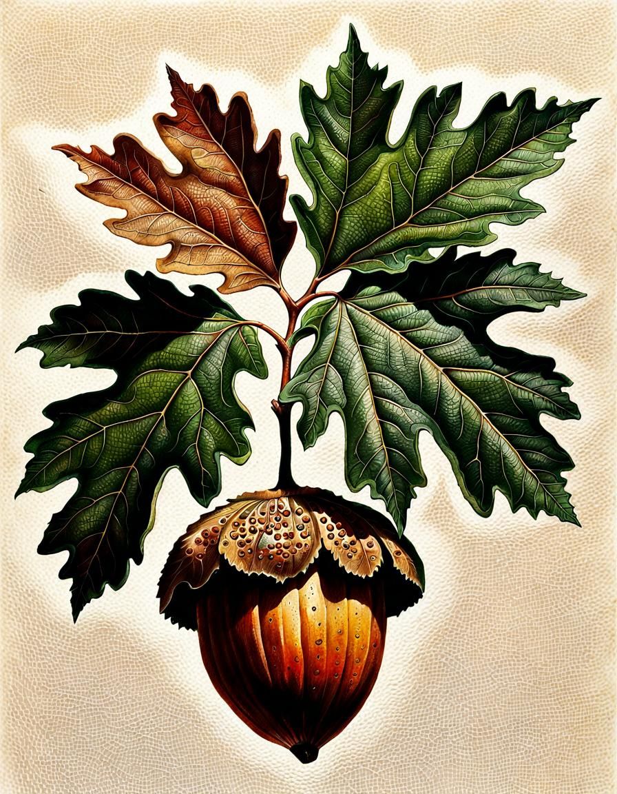 Detailed Gouache and Ink Drawing of Acorn Leaf