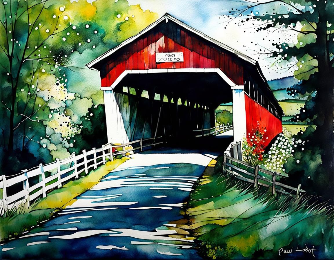 Picturesque Covered Bridge in Summer Landscape