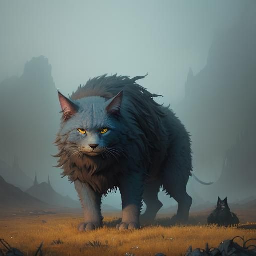 Dog-Cat Hybrid in Misty Landscape: Matte Painting