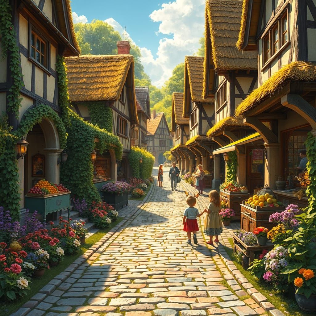 A radiant cobblestone road winding through a picturesque med...