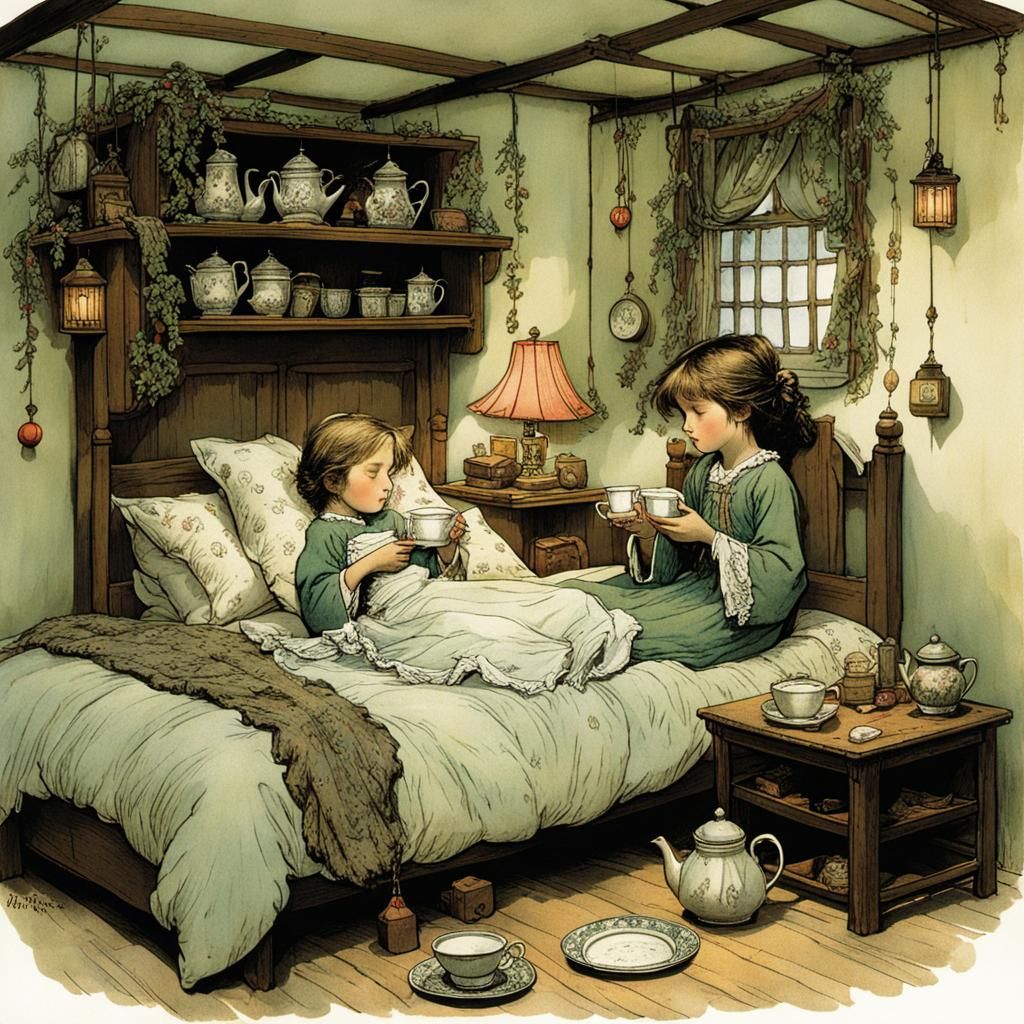Brother Brings Tea to Sick Sister: Fairytale Illustration