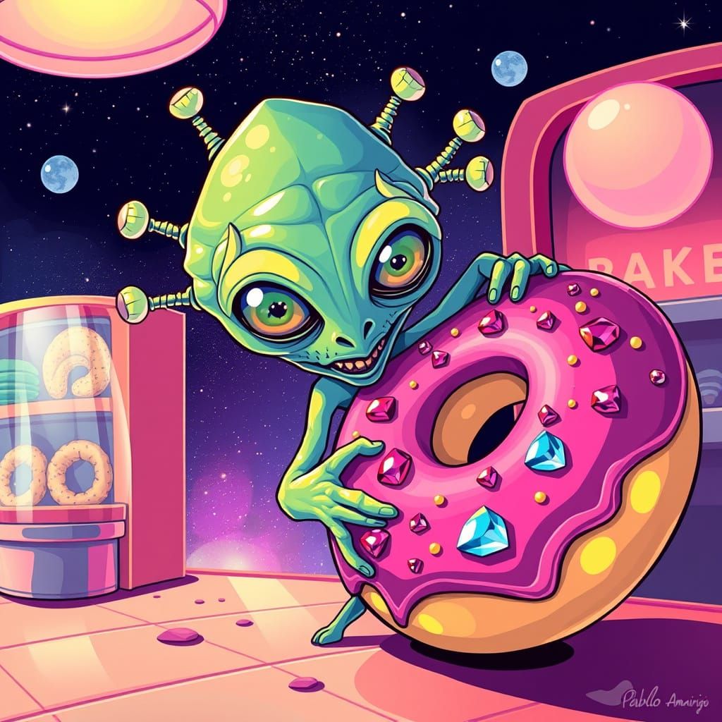 Mischievous Alien Steals Jewel Donut in Cosmic Bakery