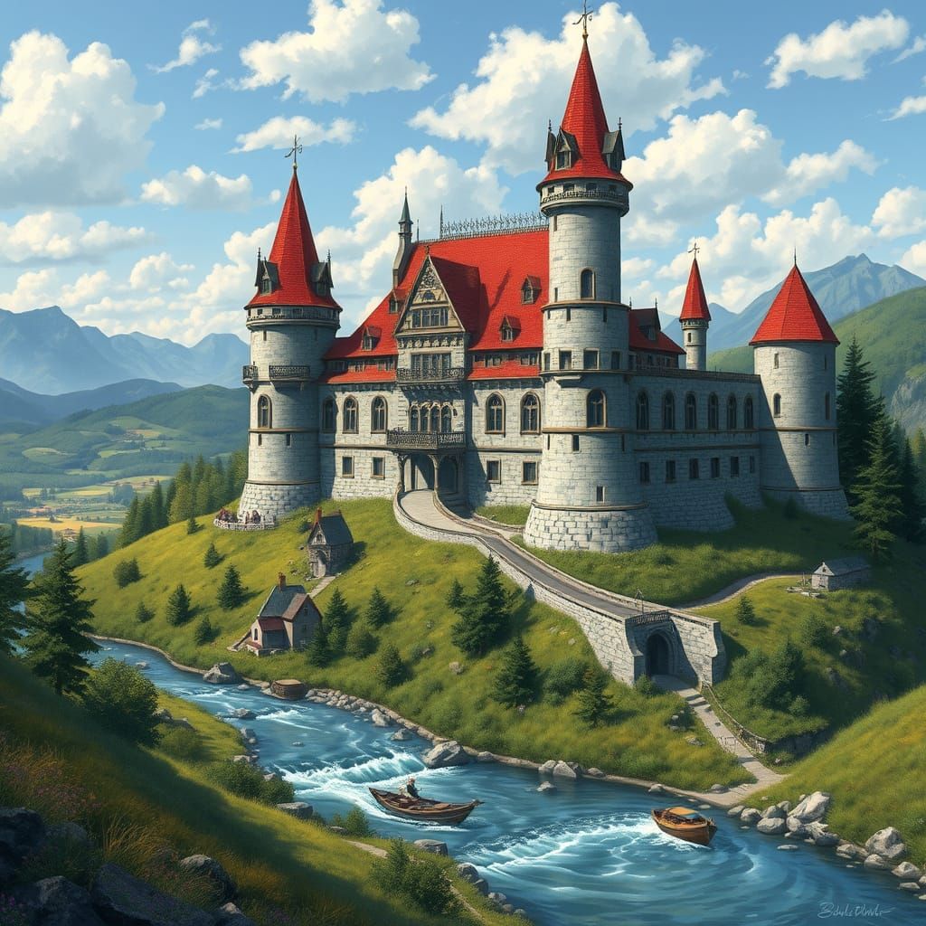 Majestic Whimsical Castle on Green Hills