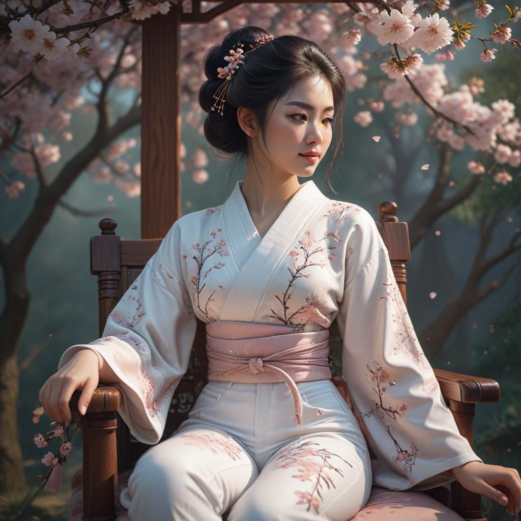 Japanese Geisha in Modern Attire with Cherry Blossoms