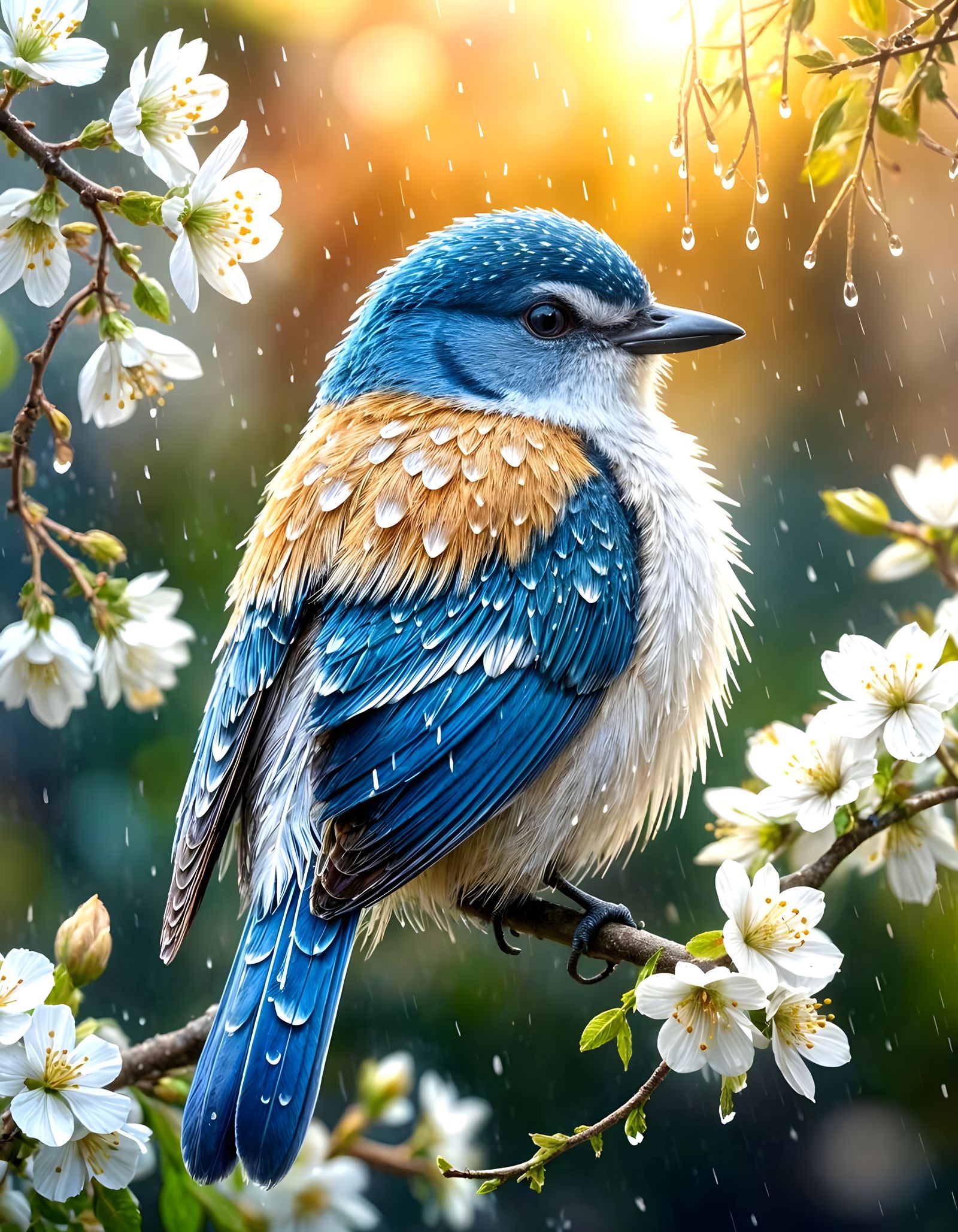 Ethereal Bird with Ombre Feathers on Flowering Branch