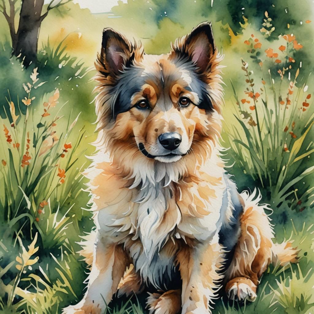 Watercolor Portrait of a Cute Dog in Pastel Colors