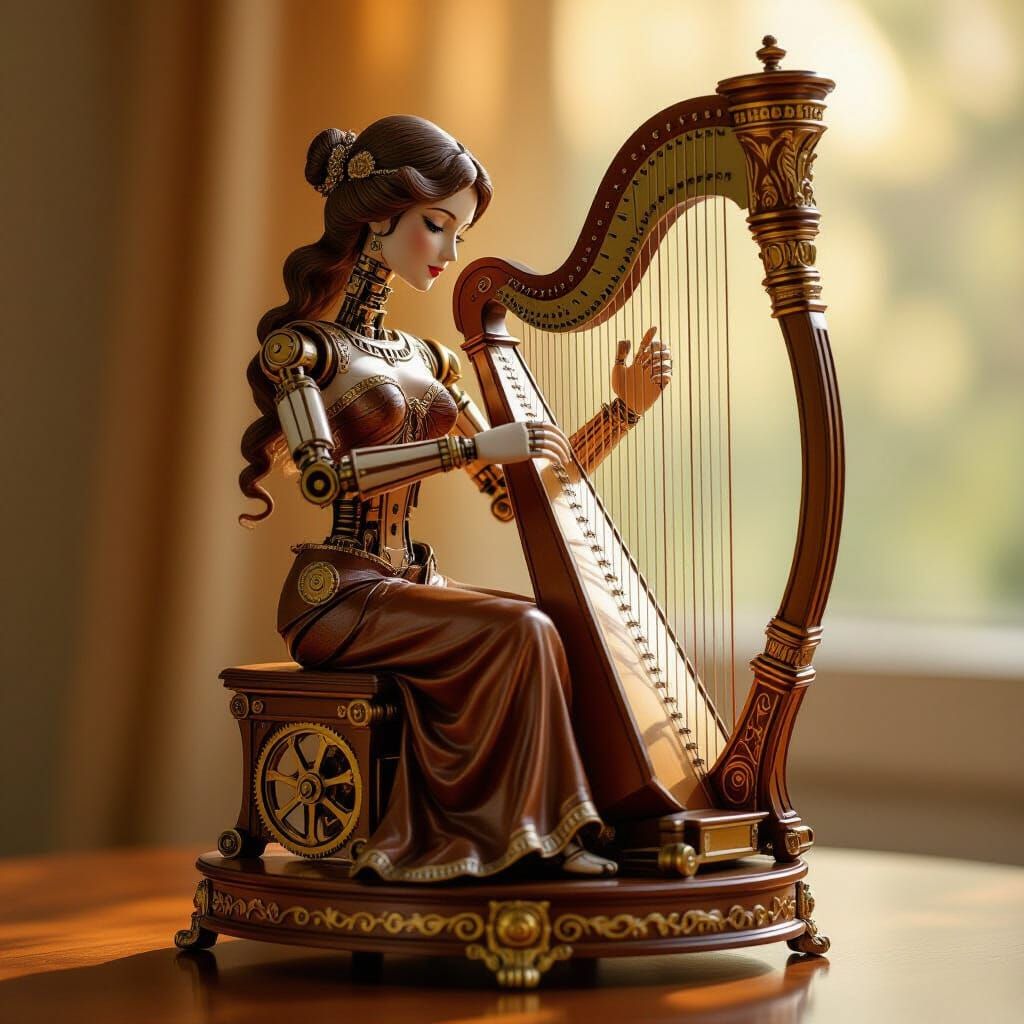 Wooden Automaton Harp Player in Steampunk Art Nouveau Style