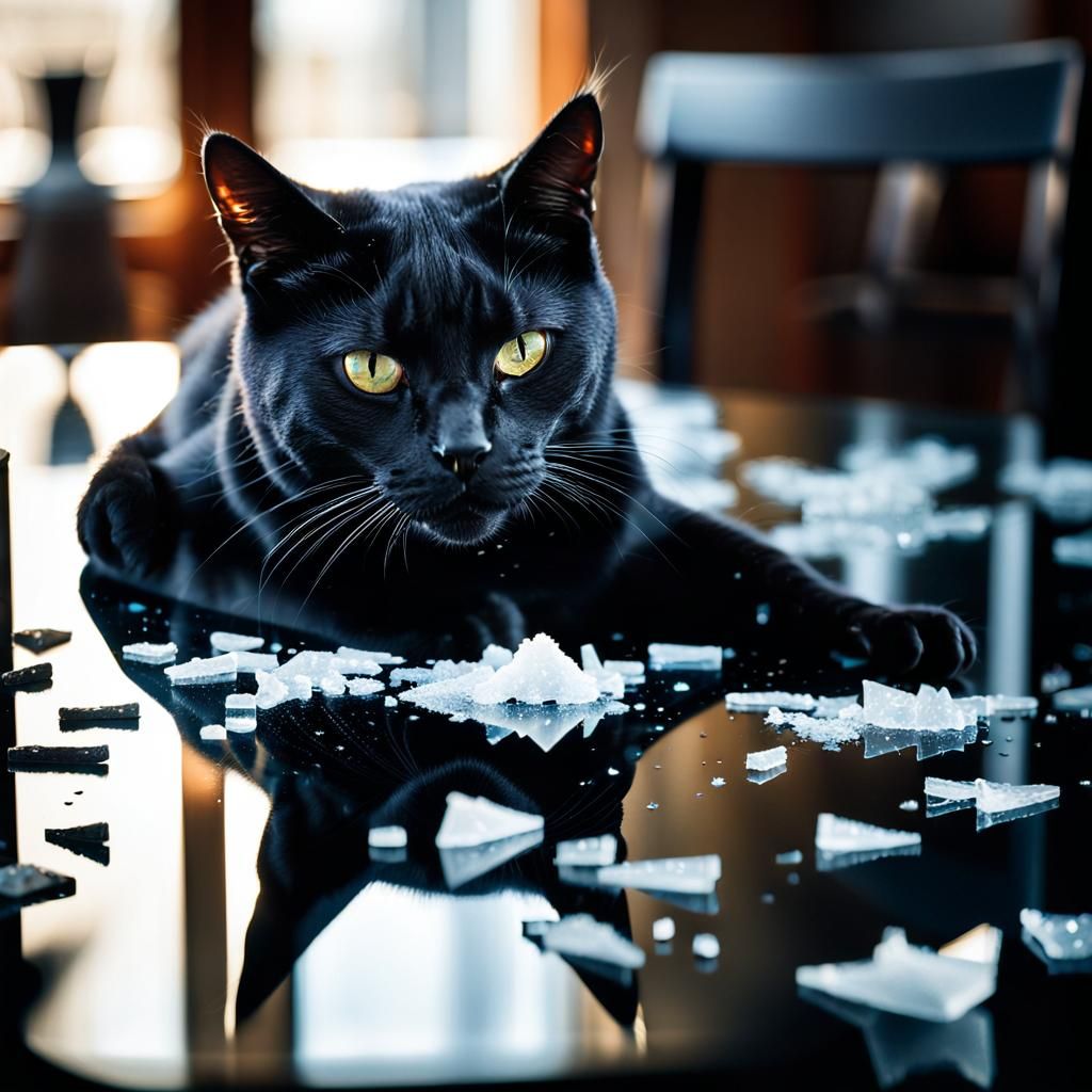 Eerie Tilt-Shift Image: Black Cat and Broken Mirror