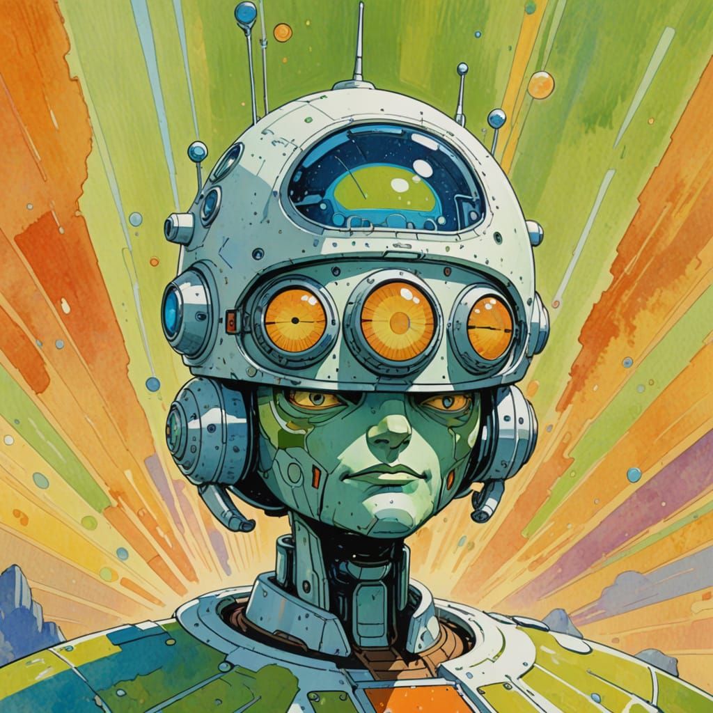 Small Three-Eyed Android on Spaceship in Pastel Colors