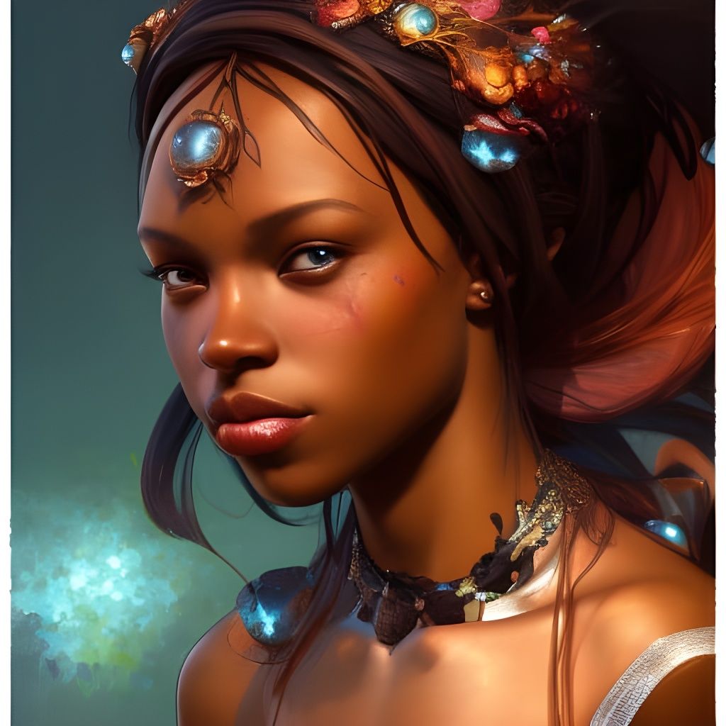 Detailed Portrait of African Fairy in Art Nouveau Style
