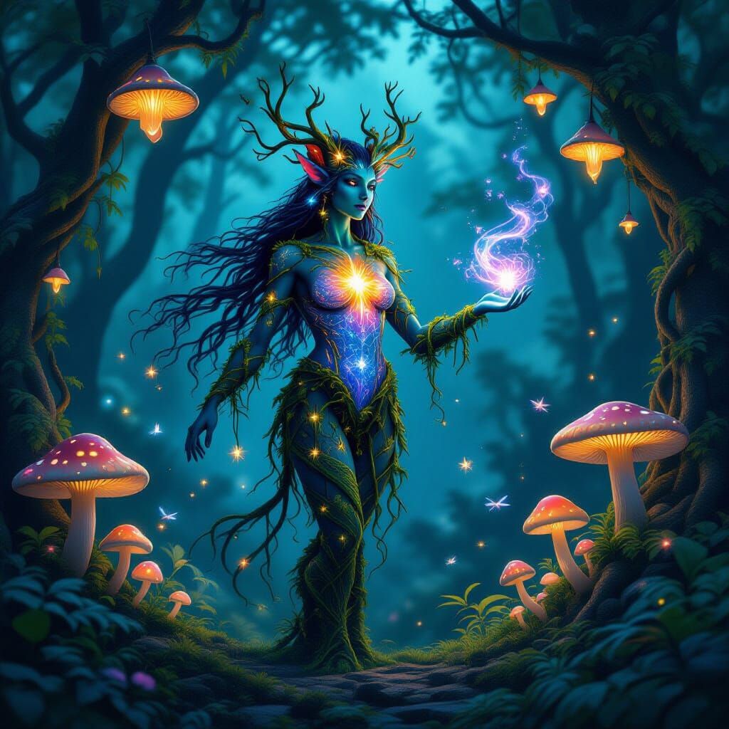 Bioluminescent Rainforest Glade with Starlight Centaur
