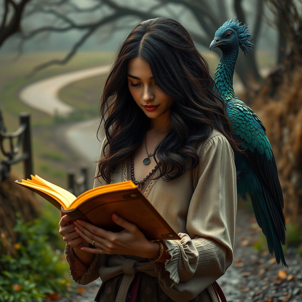 Woman Reads Parchment with Giant Chicken Companion