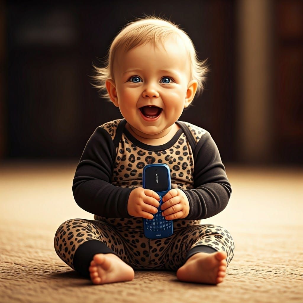 Chubby Cheeked Baby Holds Vintage Nokia Phone in Serene Scen...