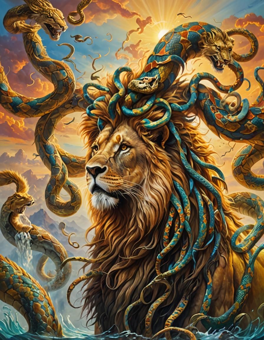 Lion Surrounded by Snakes in Open Sky