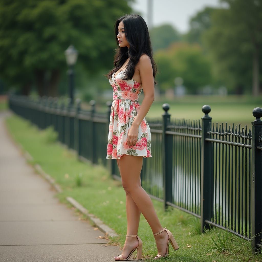 Woman in Sundress Waiting by Park Fence
