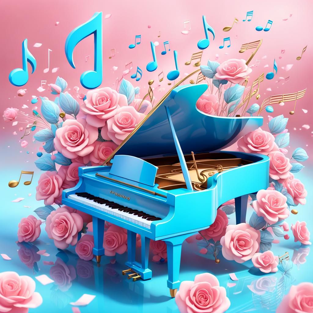 Musical Note Leaps from Piano, Blooming Flowers, Digital Art