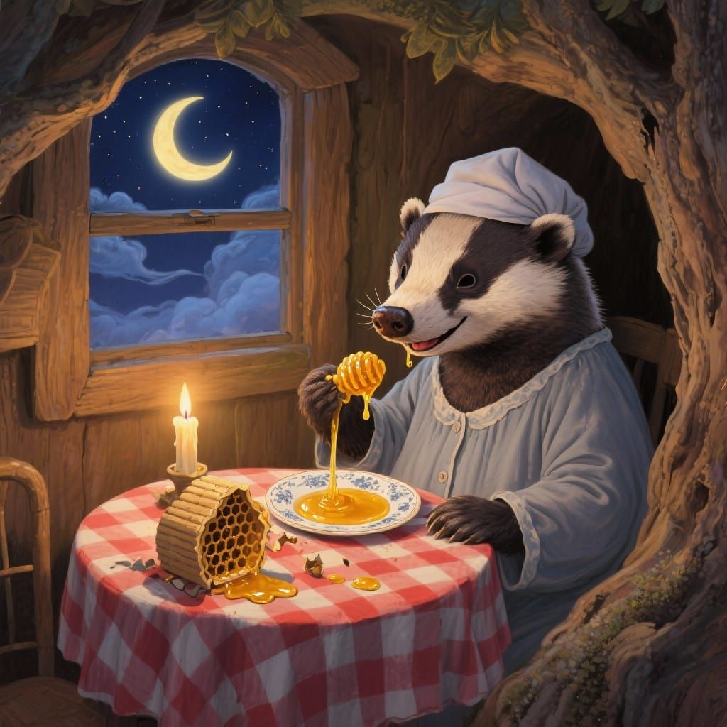 Whimsical Honey Badger Enjoys Honey in Cozy Hollow Tree