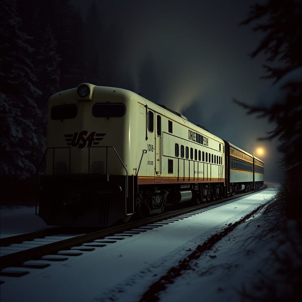 1948 US Diesel Train Speeds Through Snowy Forest at Night