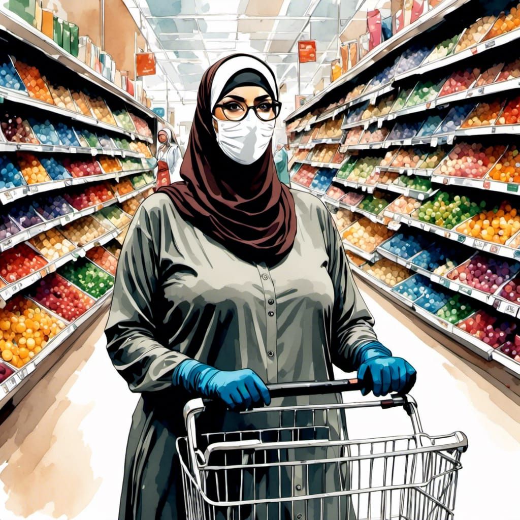 Niqabi Woman Shopping in Supermarket, Pop Art Style