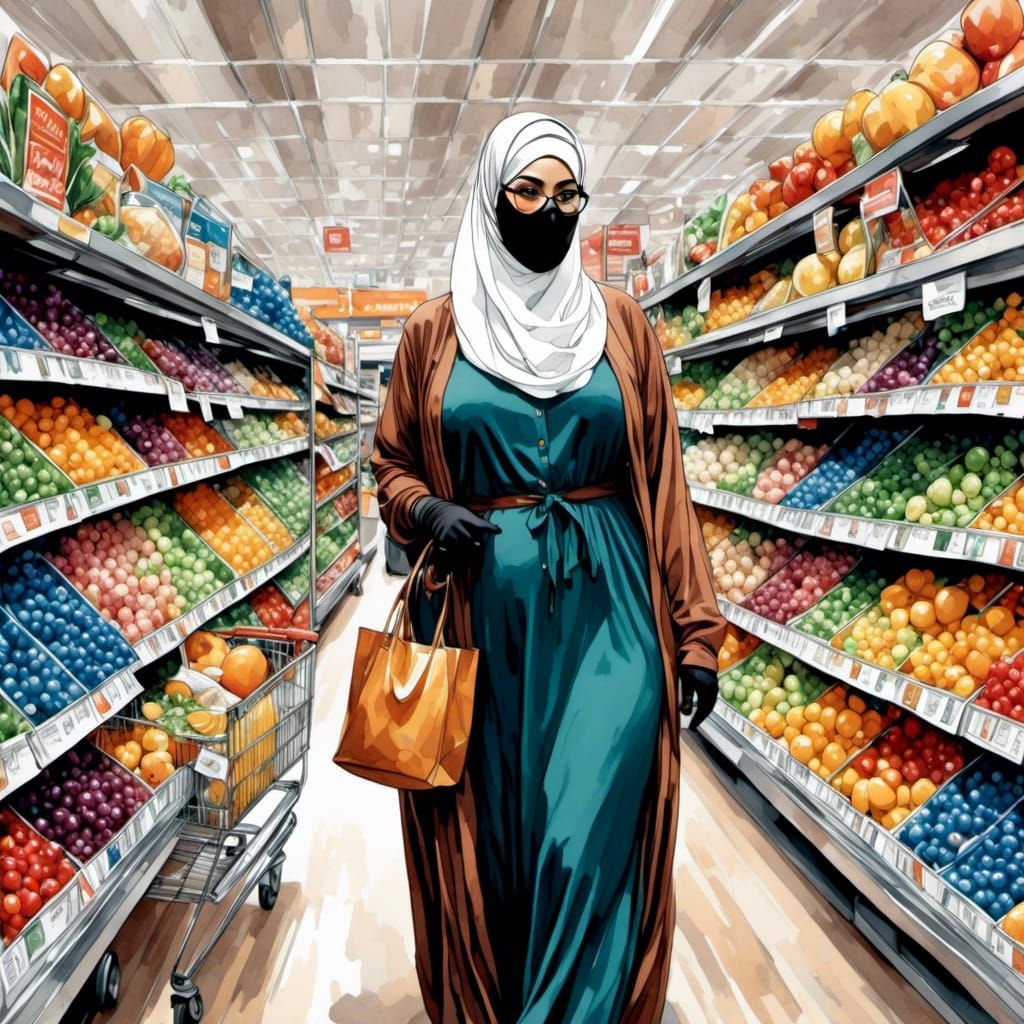 Pop Art Portrait: Niqabi Woman Shopping in Supermarket