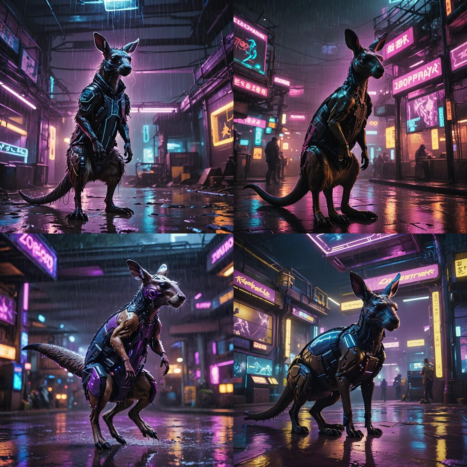 Cyber Kangaroo in Rainy Neon Zoo