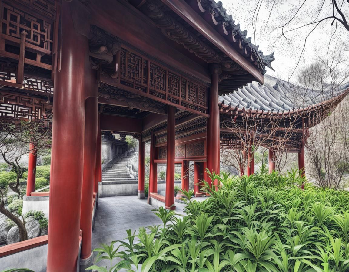 Serene Ming Garden Hallway Scene