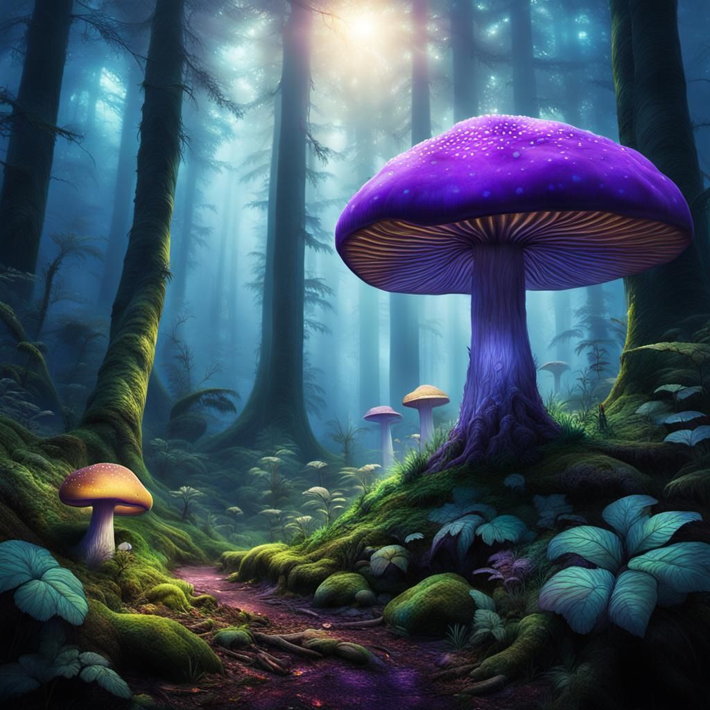 Lush Purple Mushroom Forest in Ethereal Light
