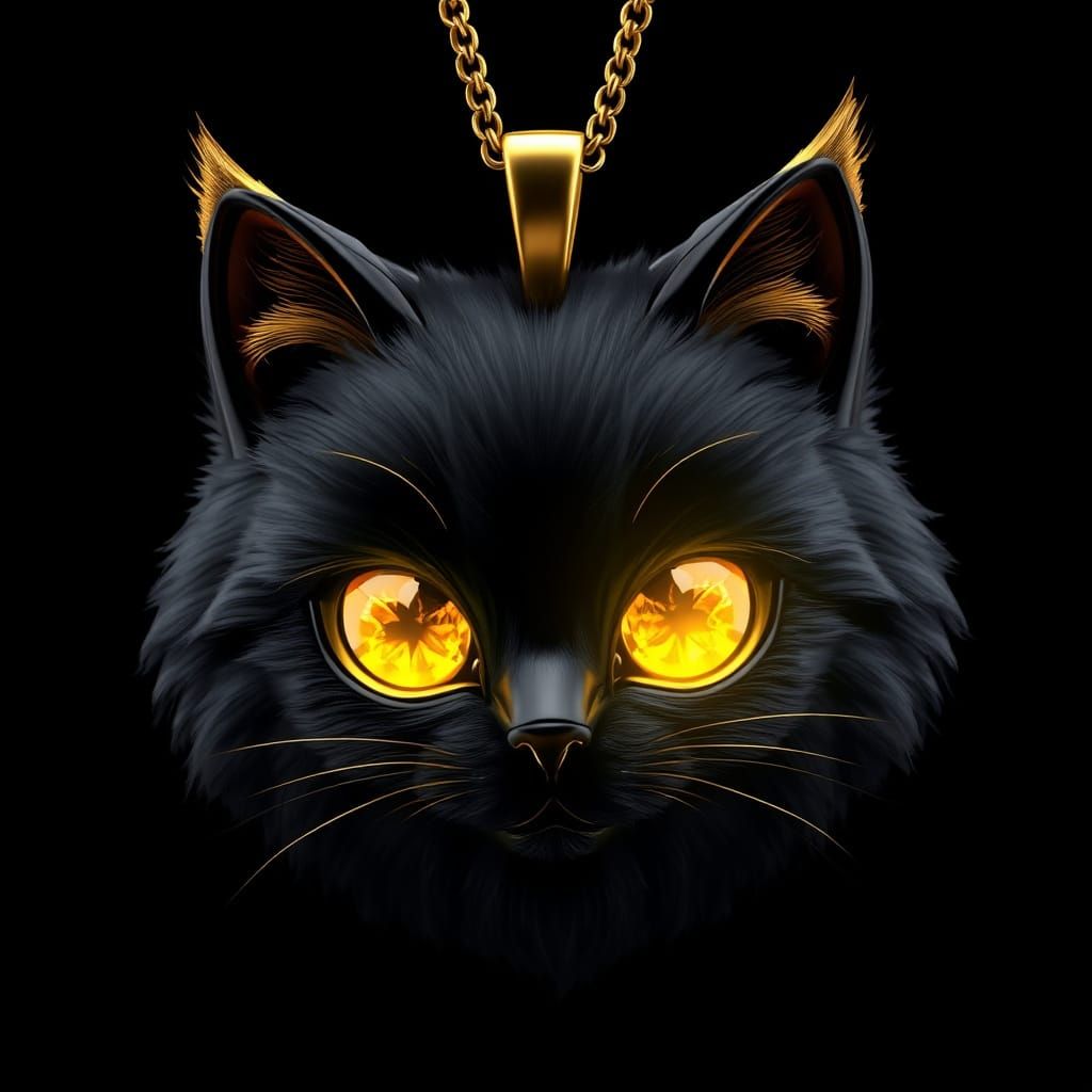 Luxurious Black Cat Head Pendant in Shimmering Gold