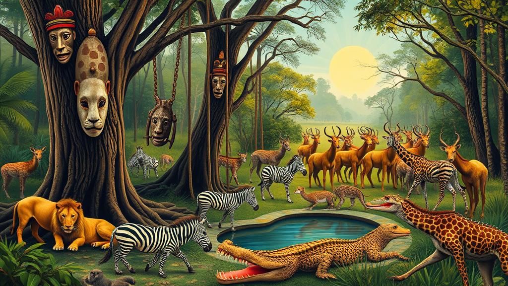 Surrealist Dream Forest with African Masks and Animals