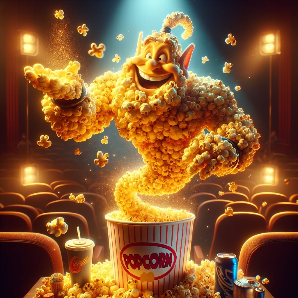 Popcorn Genie Appears from Tub in Magical Movie Theater