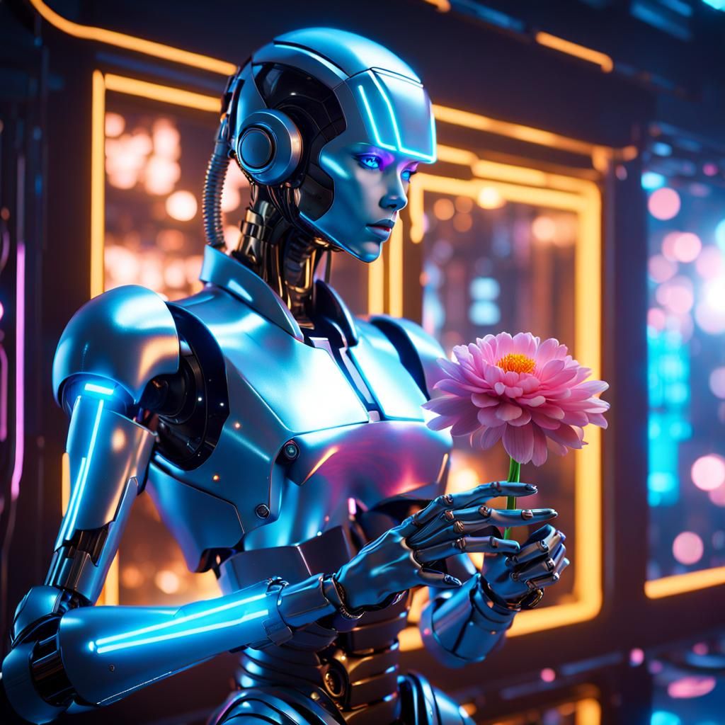 Cyberpunk Robot Enjoys Chocolate in Neon Room