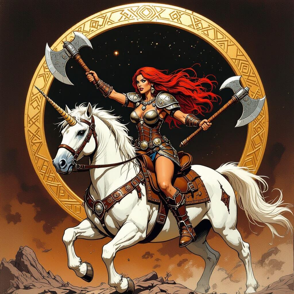 Barbarian Woman on Unicorn Attacks, Comic Book Cover Art