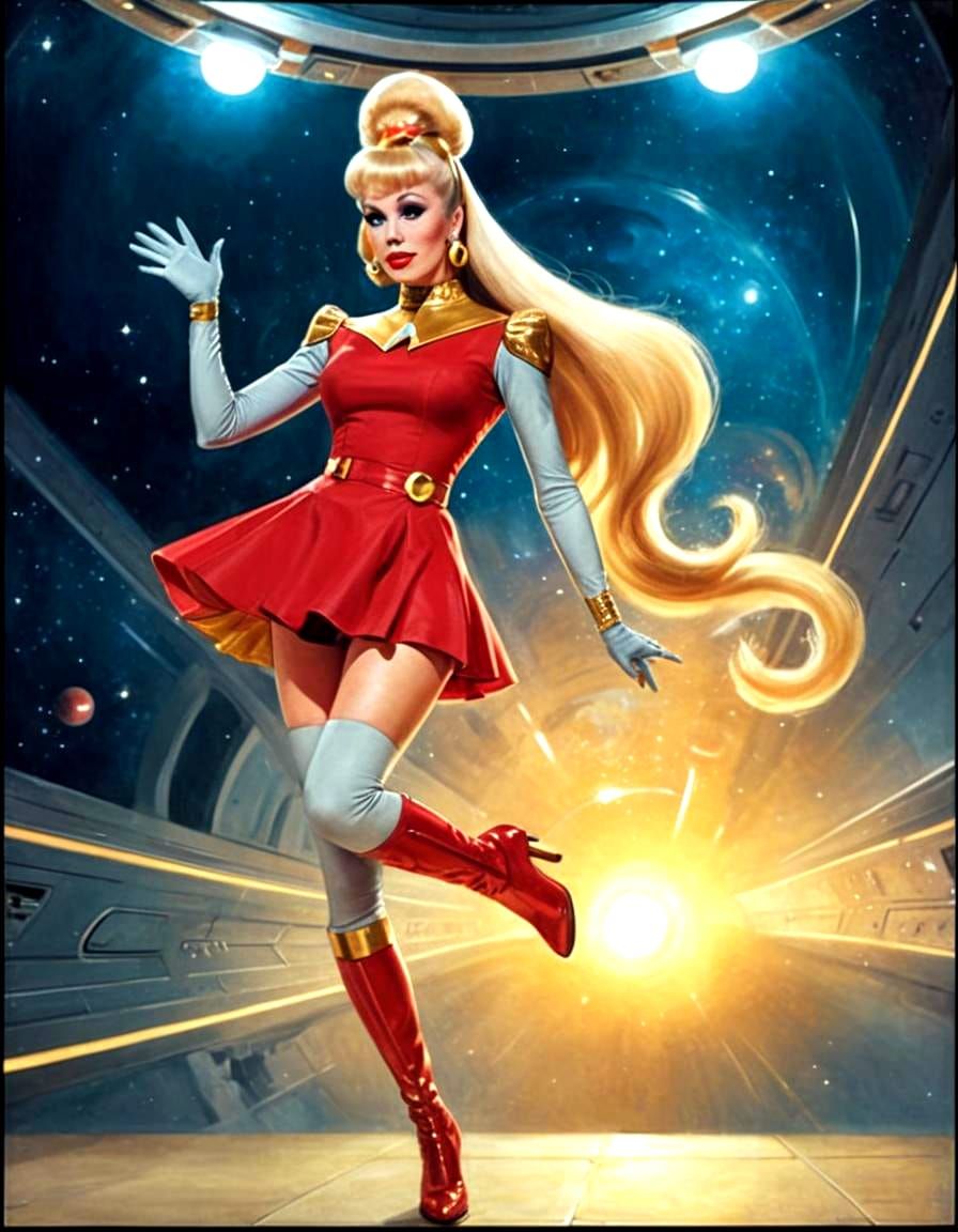 Retro Sci-Fi Pinup in Futuristic Spaceship