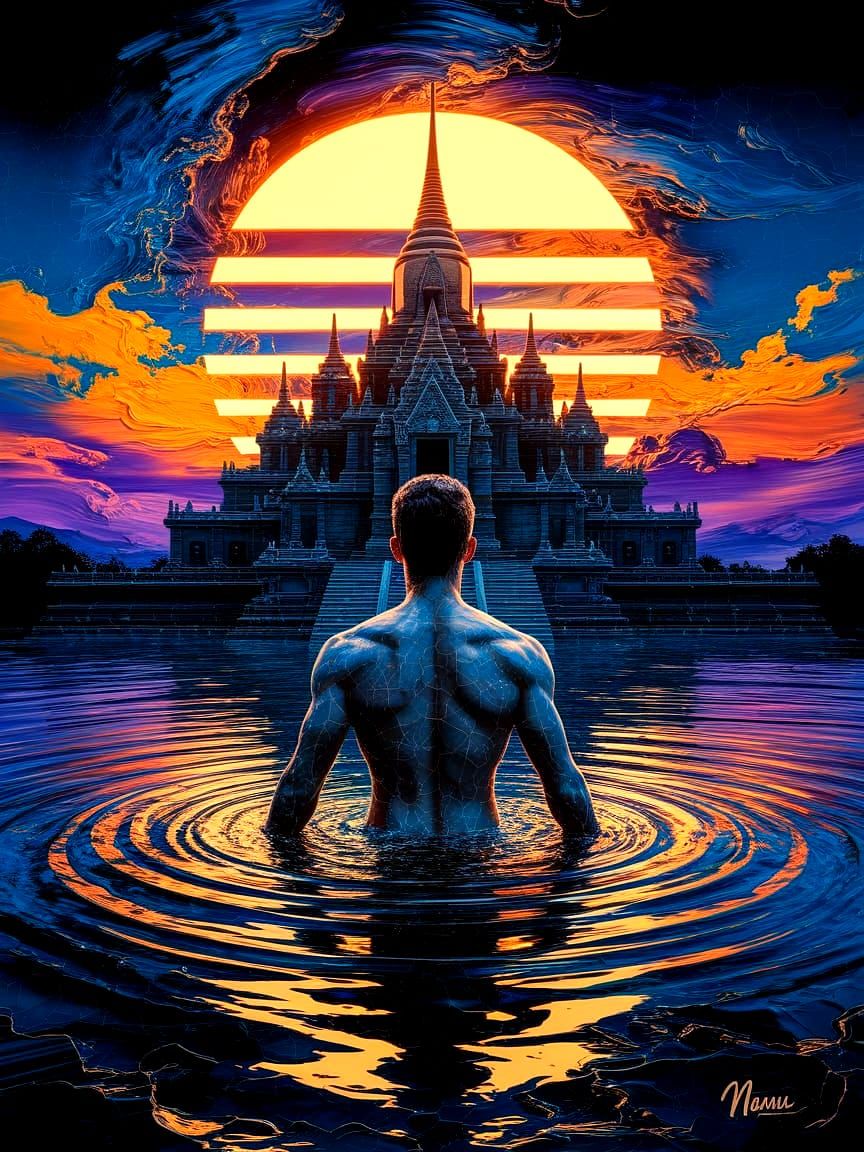 Sacred Ritual at Ancient Temple in Oil Painting Style