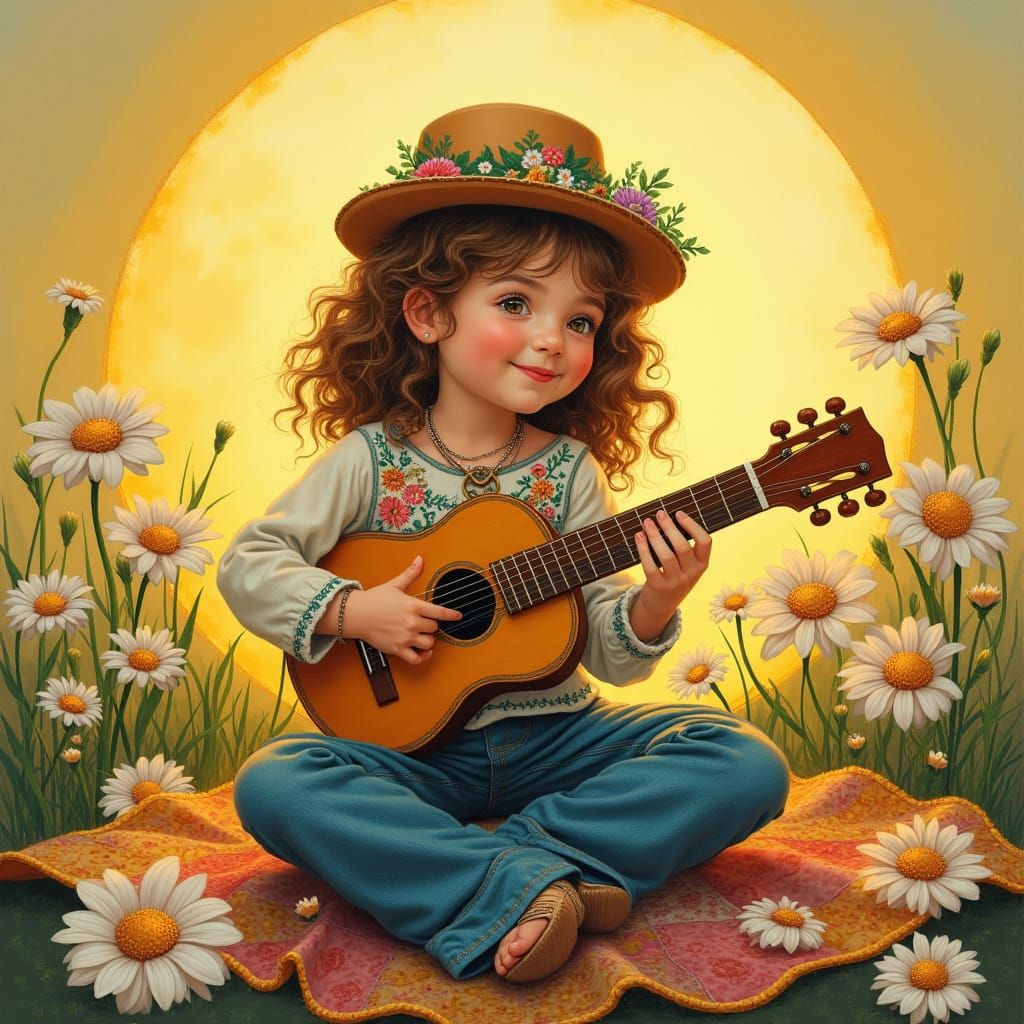 Boho Hippie Child Strumming Guitar in Vintage Style
