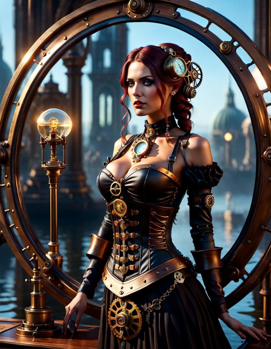 Steampunk Woman's Reflection: A Water Mirror Portrait