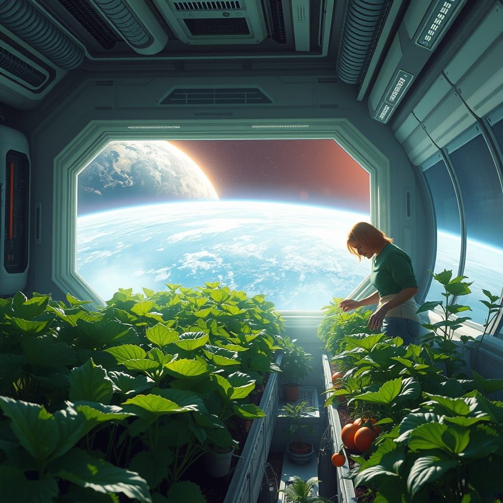 Gardening on a Futuristic Space Station with Earth View