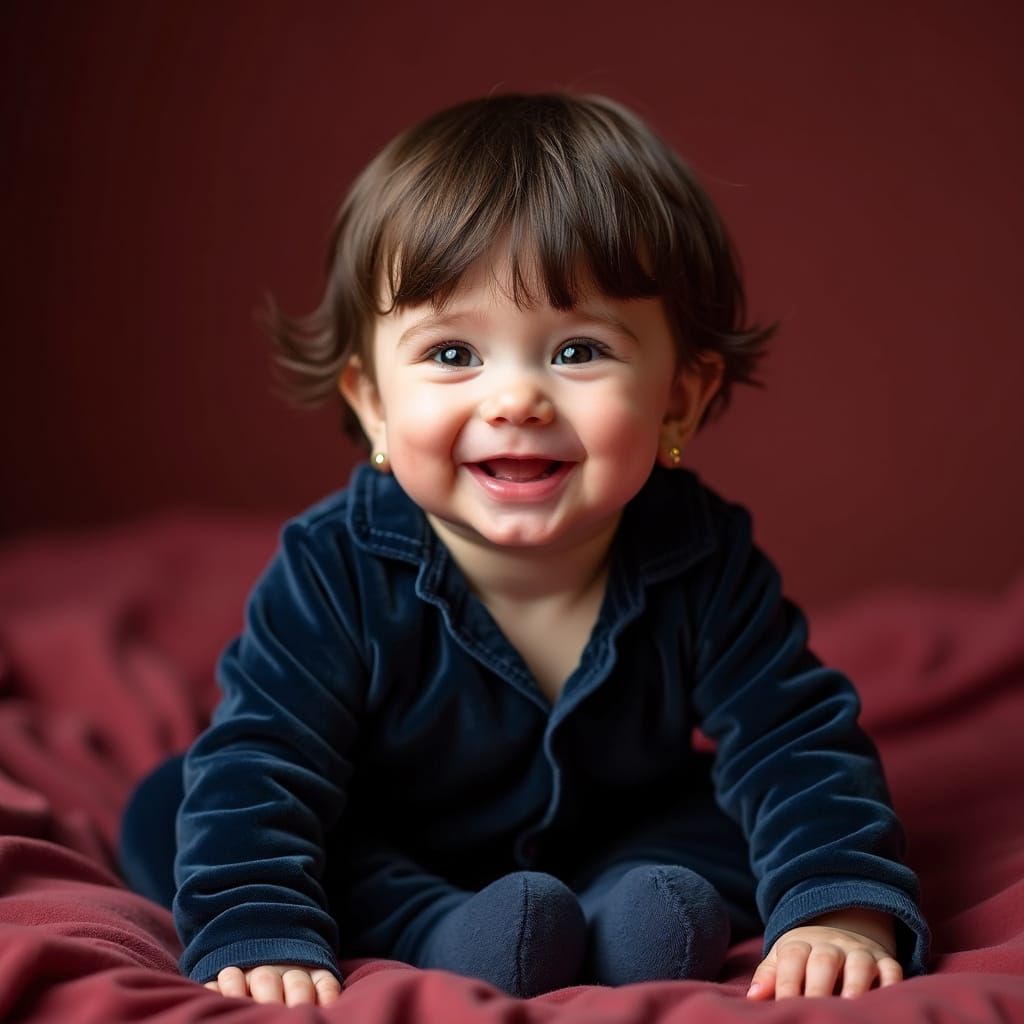 Smiling Baby in Crimson Velvet Bed, Photorealistic Style