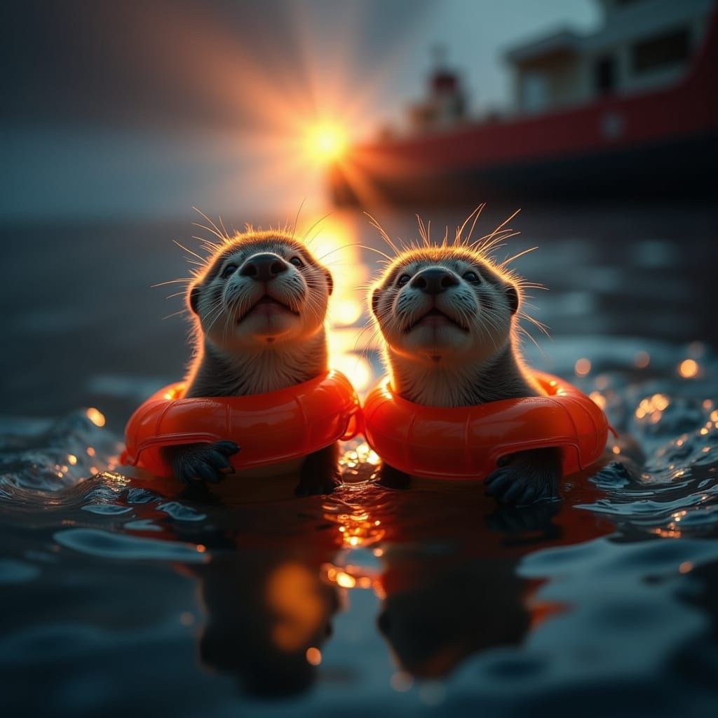 Baby Otters in Floaties Watched by Freighter Lights