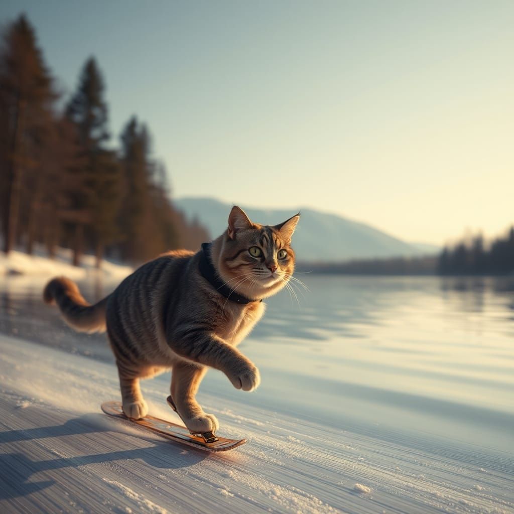 Hyperrealistic Cat Speed Skating on Lake