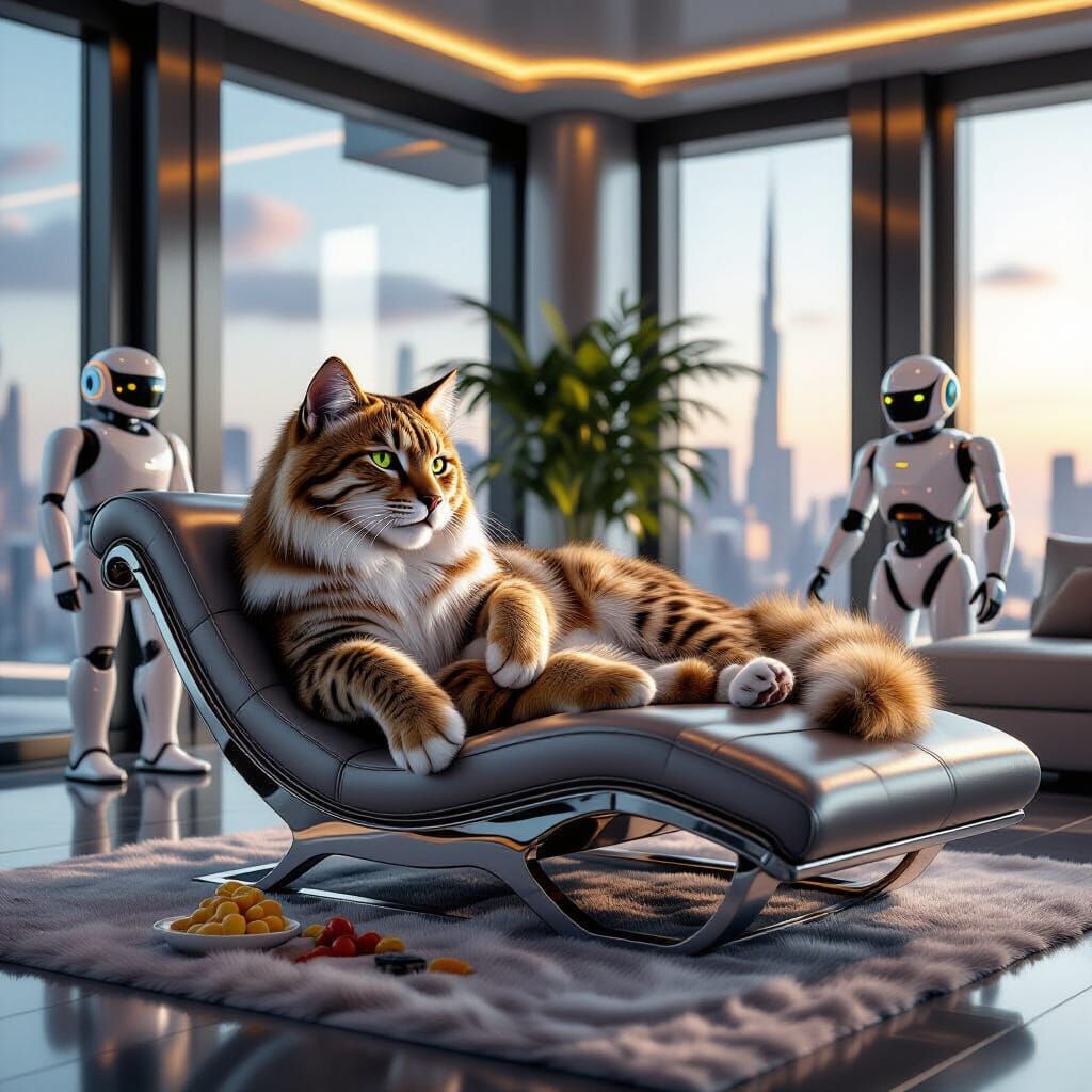 Saber-Toothed Cat in Futuristic Penthouse, Hyperrealistic St...