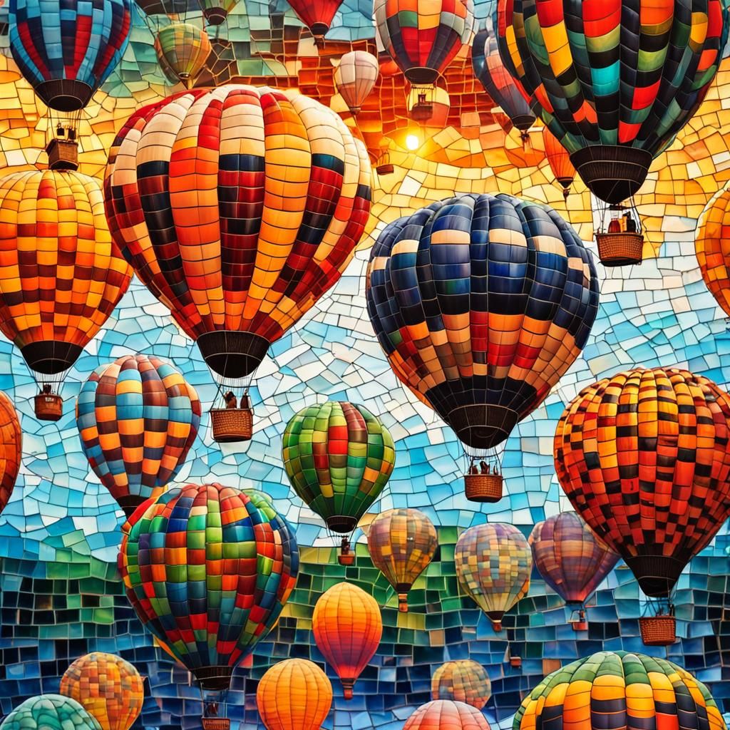 Mosaic Hot Air Balloons in Hyperrealistic Style